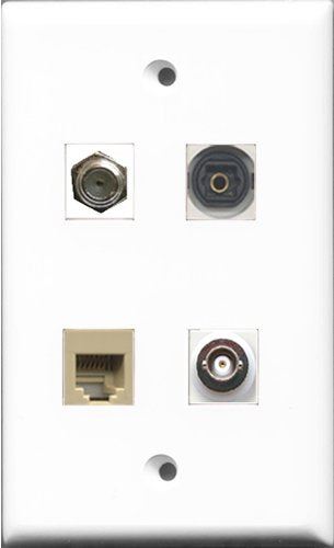 RiteAV 1 Port Coax Cable TV- F-Type and 1 Port Phone RJ11 RJ12 Beige and 1 Port Toslink and 1 Port BNC Wall Plate