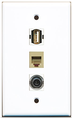 RiteAV - 1 Port USB A-A and 1 Port Phone RJ11 RJ12 Beige and 1 Port 3.5mm Wall Plate