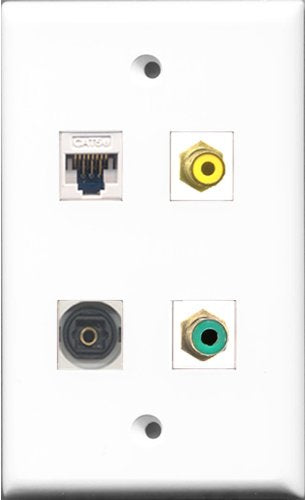 RiteAV 1 Port RCA Yellow and 1 Port RCA Green and 1 Port Toslink and 1 Port Cat5e Ethernet White Wall Plate