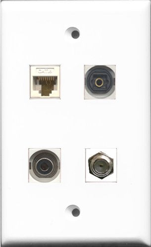 RiteAV 1 Port Coax Cable TV- F-Type and 1 Port Toslink and 1 Port 3.5mm and 1 Port Cat6 Ethernet White Wall Plate