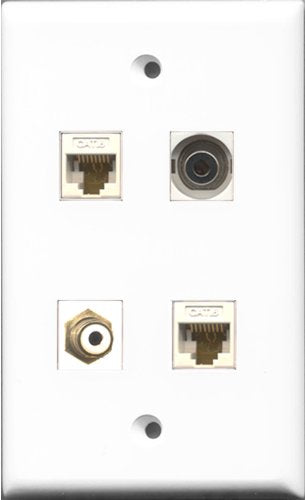 RiteAV 1 Port RCA White and 1 Port 3.5mm 2 Port Cat6 Ethernet White Wall Plate