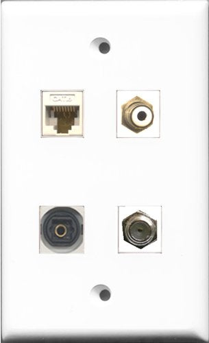 RiteAV 1 Port RCA White and 1 Port Coax Cable TV- F-Type and 1 Port Toslink and 1 Port Cat6 Ethernet White Wall Plate