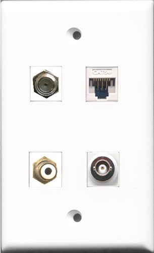 RiteAV 1 Port RCA White and 1 Port Coax Cable TV- F-Type and 1 Port BNC and 1 Port Cat5e Ethernet White Wall Plate