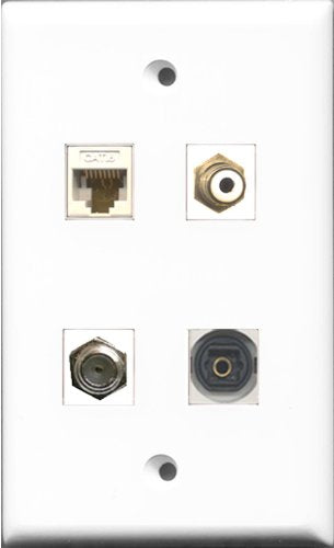 RiteAV 1 Port RCA White and 1 Port Coax Cable TV- F-Type and 1 Port Toslink and 1 Port Cat6 Ethernet White Wall Plate