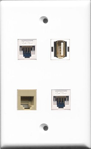 RiteAV 1 Port USB A-A and 1 Port Phone RJ11 RJ12 Beige 2 Port Cat5e Ethernet White Wall Plate