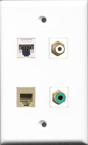 RiteAV 1 Port RCA White and 1 Port RCA Green and 1 Port Phone RJ11 RJ12 Beige and 1 Port Cat5e Ethernet White Wall Plate