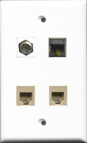 RiteAV 1 Port Coax Cable TV- F-Type 2 Port Phone RJ11 RJ12 Beige and 1 Port Shielded Cat6 Ethernet Wall Plate