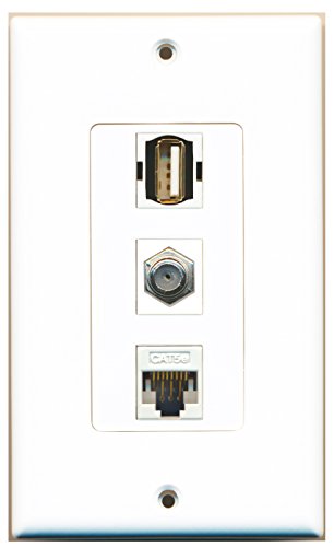 RiteAV - 1 Port Coax Cable TV- F-Type and 1 Port USB A-A and 1 Port Cat5e Ethernet White Decorative Wall Plate Decorative