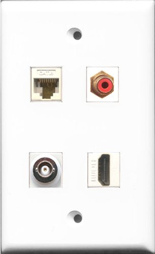 RiteAV 1 Port HDMI and 1 Port RCA Red and 1 Port BNC and 1 Port Cat6 Ethernet White Wall Plate