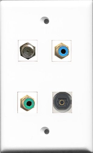RiteAV 1 Port RCA Green and 1 Port RCA Blue and 1 Port Coax Cable TV- F-Type and 1 Port Toslink Wall Plate