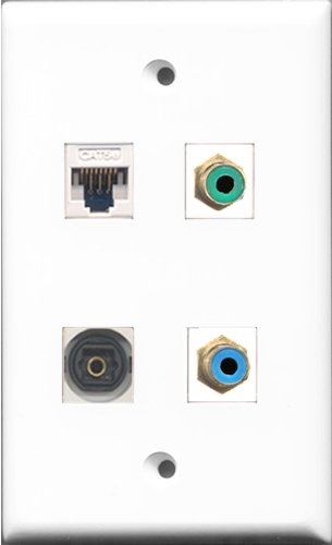 RiteAV 1 Port RCA Green and 1 Port RCA Blue and 1 Port Toslink and 1 Port Cat5e Ethernet White Wall Plate