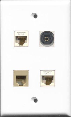 RiteAV 1 Port Phone RJ11 RJ12 Beige and 1 Port Toslink 2 Port Cat6 Ethernet White Wall Plate