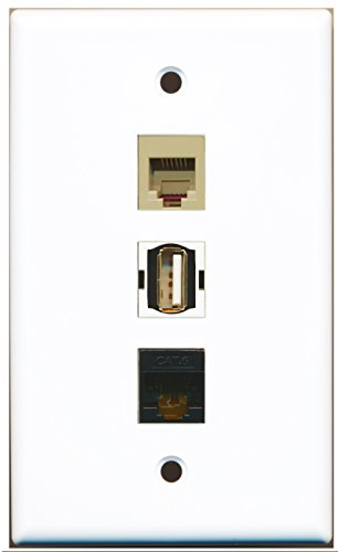 RiteAV - 1 Port USB A-A and 1 Port Phone RJ11 RJ12 Beige and 1 Port Cat6 Ethernet Black Wall Plate