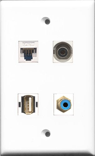 RiteAV - 1 Port RCA Blue and 1 Port USB A-A and 1 Port 3.5mm and 1 Port Cat5e Ethernet White Wall Plate