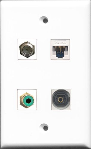 RiteAV 1 Port RCA Green and 1 Port Coax Cable TV- F-Type and 1 Port Toslink and 1 Port Cat5e Ethernet White Wall Plate