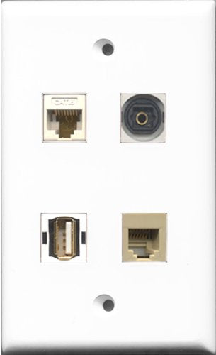 RiteAV 1 Port USB A-A and 1 Port Phone RJ11 RJ12 Beige and 1 Port Toslink and 1 Port Cat6 Ethernet White Wall Plate