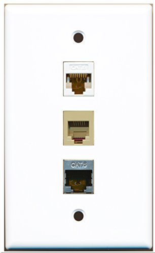 RiteAV - 1 Port Phone RJ11 RJ12 Beige and 1 Port Shielded Cat6 Ethernet and 1 Port Cat6 Ethernet White Wall Plate
