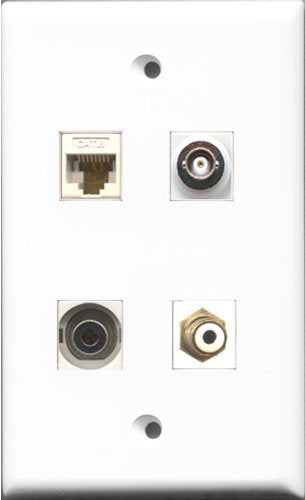 RiteAV 1 Port RCA White and 1 Port 3.5mm and 1 Port BNC and 1 Port Cat6 Ethernet White Wall Plate