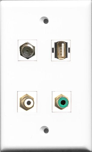 RiteAV 1 Port RCA White and 1 Port RCA Green and 1 Port Coax Cable TV- F-Type and 1 Port USB A-A Wall Plate