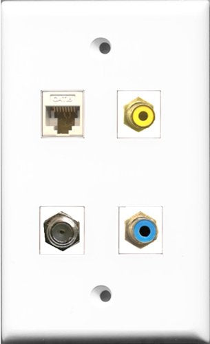 RiteAV 1 Port RCA Yellow and 1 Port RCA Blue and 1 Port Coax Cable TV- F-Type and 1 Port Cat6 Ethernet White Wall Plate