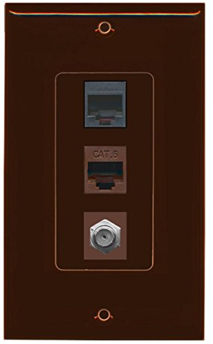 RiteAV - 1 Port Coax Cable TV- F-Type Phone RJ11 RJ12 Black and Cat6 Ethernet Decorative Wall Plate - Brown