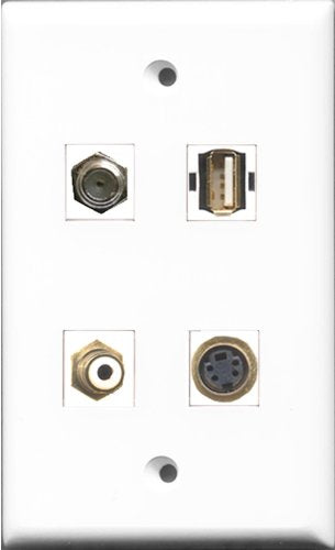 RiteAV 1 Port RCA White and 1 Port Coax Cable TV- F-Type and 1 Port USB A-A and 1 Port S-Video Wall Plate