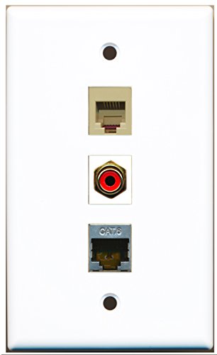 RiteAV - 1 Port RCA Red and 1 Port Phone RJ11 RJ12 Beige and 1 Port Shielded Cat6 Ethernet Wall Plate