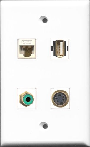 RiteAV 1 Port RCA Green and 1 Port USB A-A and 1 Port S-Video and 1 Port Cat6 Ethernet White Wall Plate