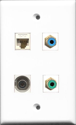 RiteAV 1 Port RCA Green and 1 Port RCA Blue and 1 Port 3.5mm and 1 Port Cat6 Ethernet White Wall Plate