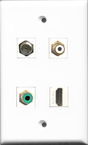 RiteAV 1 Port HDMI and 1 Port RCA White and 1 Port RCA Green and 1 Port Coax Cable TV- F-Type Wall Plate