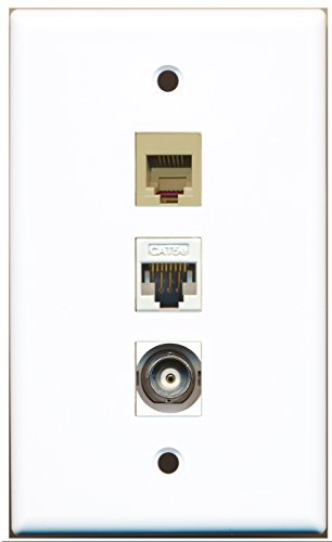 RiteAV - 1 Port Phone RJ11 RJ12 Beige and 1 Port BNC and 1 Port Cat5e Ethernet White Wall Plate