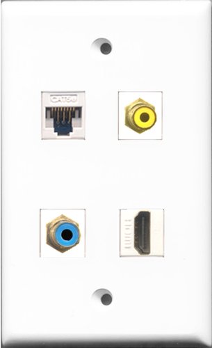 RiteAV 1 Port HDMI and 1 Port RCA Yellow and 1 Port RCA Blue and 1 Port Cat5e Ethernet White Wall Plate