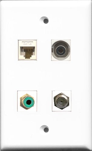 RiteAV 1 Port RCA Green and 1 Port Coax Cable TV- F-Type and 1 Port 3.5mm and 1 Port Cat6 Ethernet White Wall Plate