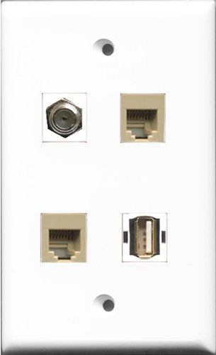 RiteAV 1 Port Coax Cable TV- F-Type and 1 Port USB A-A 2 Port Phone RJ11 RJ12 Beige Wall Plate