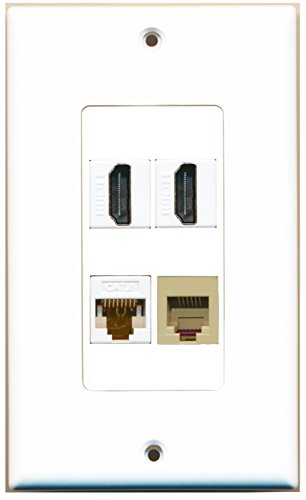 RiteAV - 2 Port HDMI 1 Port Phone RJ11 RJ12 Beige 1 Port Cat6 Ethernet White Wall Plate Decorative