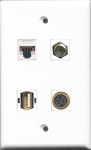 RiteAV - 1 Port Coax Cable TV- F-Type and 1 Port USB A-A and 1 Port S-Video and 1 Port Cat5e Ethernet White Wall Plate