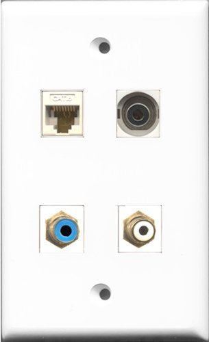 RiteAV 1 Port RCA White and 1 Port RCA Blue and 1 Port 3.5mm and 1 Port Cat6 Ethernet White Wall Plate