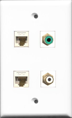 RiteAV 1 Port RCA White and 1 Port RCA Green 2 Port Cat6 Ethernet White Wall Plate