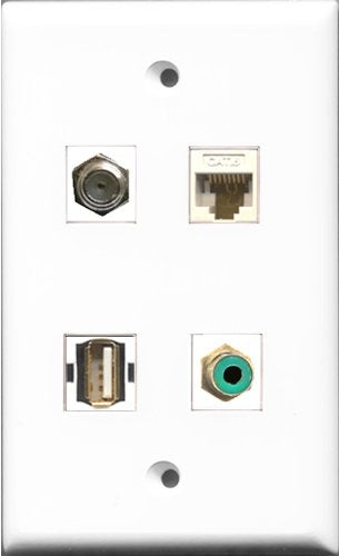 RiteAV 1 Port RCA Green and 1 Port Coax Cable TV- F-Type and 1 Port Shielded Cat6 Ethernet and 1 Port Cat6 Ethernet White Wall Plate