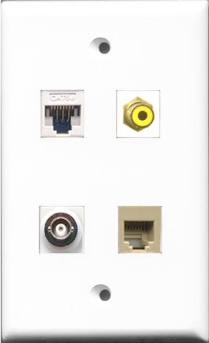 RiteAV 1 Port RCA Yellow and 1 Port Phone RJ11 RJ12 Beige and 1 Port BNC and 1 Port Cat5e Ethernet White Wall Plate