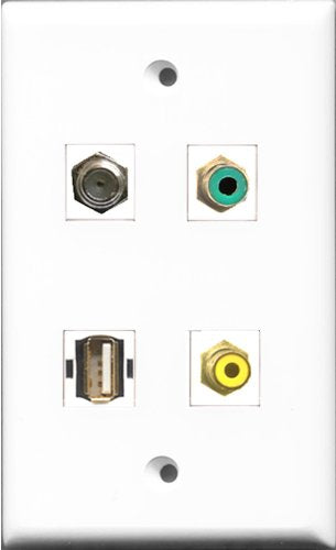 RiteAV 1 Port RCA Yellow and 1 Port RCA Green and 1 Port Coax Cable TV- F-Type and 1 Port USB A-A Wall Plate