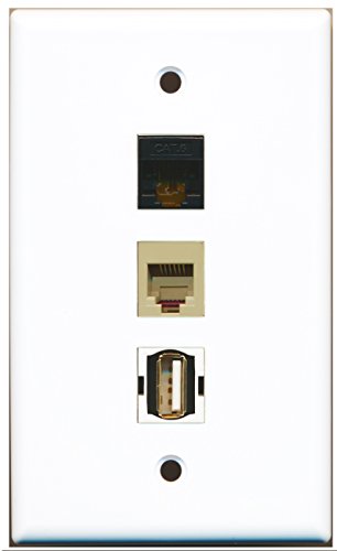 RiteAV - 1 Port USB A-A and 1 Port Phone RJ11 RJ12 Beige and 1 Port Cat6 Ethernet Black Wall Plate