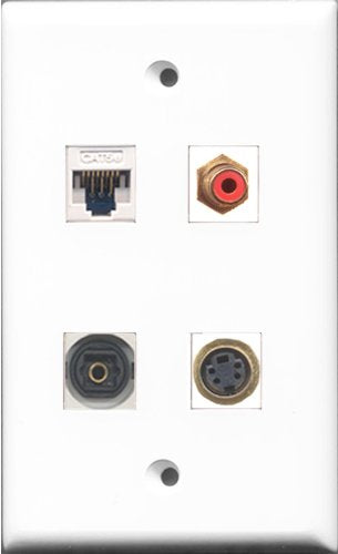 RiteAV 1 Port RCA Red and 1 Port S-Video and 1 Port Toslink and 1 Port Cat5e Ethernet White Wall Plate