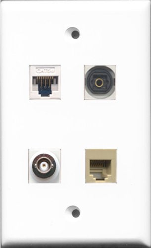RiteAV 1 Port Phone RJ11 RJ12 Beige and 1 Port Toslink and 1 Port BNC and 1 Port Cat5e Ethernet White Wall Plate