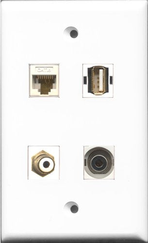 RiteAV 1 Port RCA White and 1 Port USB A-A and 1 Port 3.5mm and 1 Port Cat6 Ethernet White Wall Plate