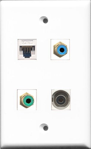 RiteAV 1 Port RCA Green and 1 Port RCA Blue and 1 Port 3.5mm and 1 Port Cat5e Ethernet White Wall Plate