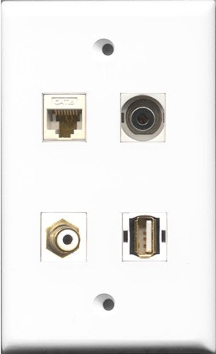 RiteAV 1 Port RCA White and 1 Port USB A-A and 1 Port 3.5mm and 1 Port Cat6 Ethernet White Wall Plate