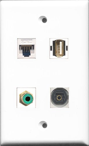 RiteAV 1 Port RCA Green and 1 Port USB A-A and 1 Port Toslink and 1 Port Cat5e Ethernet White Wall Plate