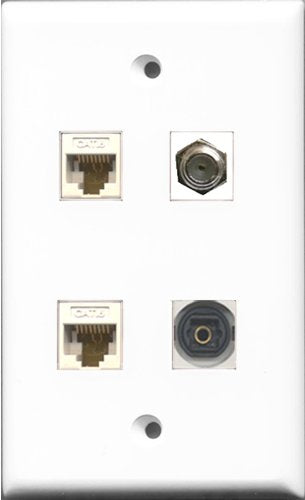 RiteAV 1 Port Coax Cable TV- F-Type and 1 Port Toslink 2 Port Cat6 Ethernet White Wall Plate