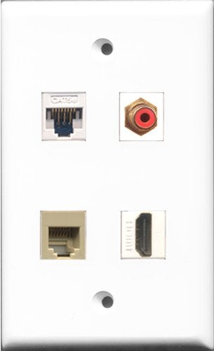 RiteAV 1 Port HDMI and 1 Port RCA Red and 1 Port Phone RJ11 RJ12 Beige and 1 Port Cat5e Ethernet White Wall Plate